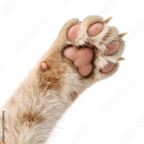 Close-up of a raised cat hand, 3d cartoon style., isolated on transparent background