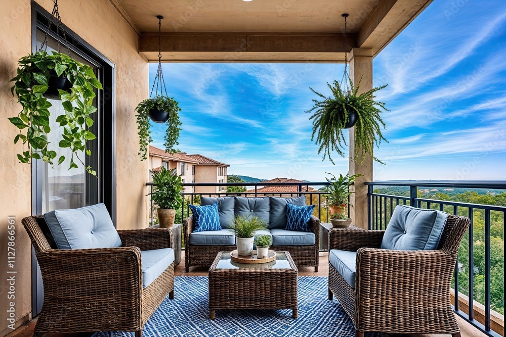 Obraz premium Inviting Balcony Design with Wicker Furniture and Hanging Plants Against a Blue Sky Backdrop