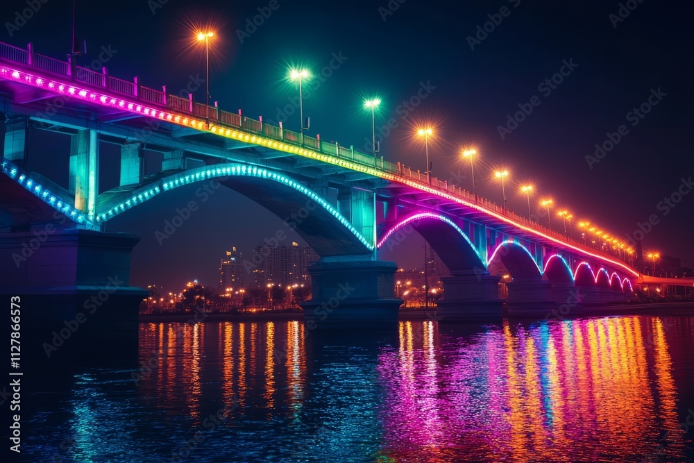 Naklejka premium A city bridge illuminated with colorful lights, stretching over a river at night, the lights reflect in the water, Generative AI
