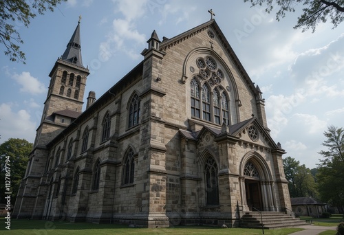 Photo of an old church in Europe with a classic style, an old European building, a religious center and a historical tourist destination attraction in Europe.