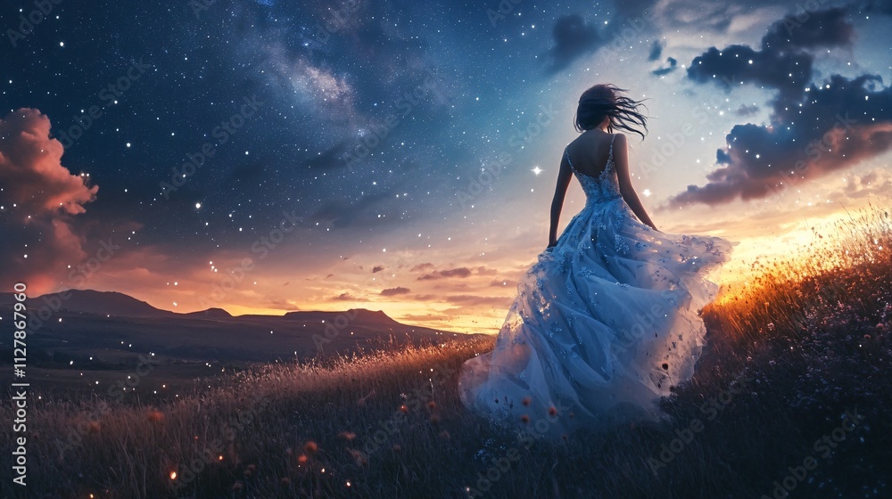 Enchanting Evening Stroll: A Woman in a Flowing Blue Dress Walks Through a Dreamy Landscape Under a Starry Sky at Twilight with a Bright Horizon and Gentle Breeze