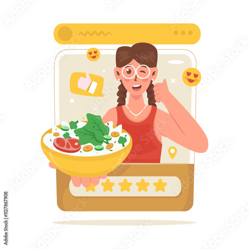 A girl character sharing food review on social media post vector illustration