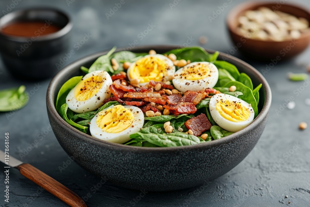 food photography, Close-Up Spinach Salad with hard-boiled eggs and Warm , Fresh spinach leaves, crispy bacon, and a warm tangy dressing.Healthy Recipes, homemade,wholesome,hearty food food photography, Close-Up Spinach Salad with hard-boiled eggs and Warm , Fresh spinach leaves, crispy bacon, and a warm tangy dressing.Healthy Recipes, homemade,wholesome,hearty food