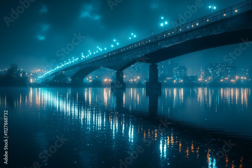 A city bridge illuminated with sparkling blue and white lights, reflecting off the calm river below, the sky, Generative AI 
