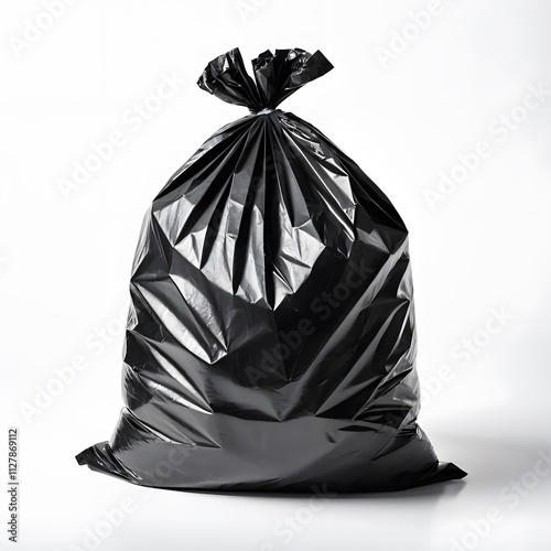 A Single Black Plastic Garbage Bag on White Background