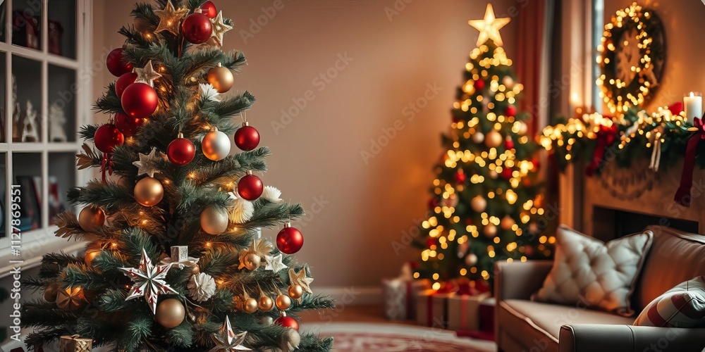 Christmas tree with red and gold ornaments glowing in cozy living room setting, atmosphere, living room Christmas tree with red and gold ornaments glowing in cozy living room setting, atmosphere, living room