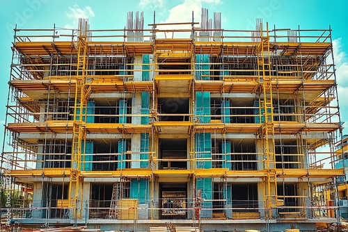 A towering skyscraper under construction dominates the urban skyline, its steel frame rising against the blue sky, a testament to modern architecture and urban development photo