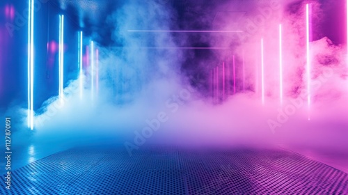 Rolling white smoke glides across a futuristic metallic floor, accented by neon blue and pink lighting for a cyberpunk vibe