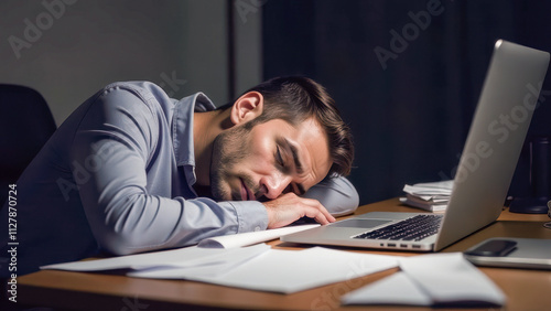 Exhausted professional asleep at desk with laptop in dimly lit w photo