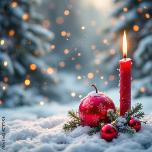 A red apple sits on a snow covered ground next to a lit candle and a red ball