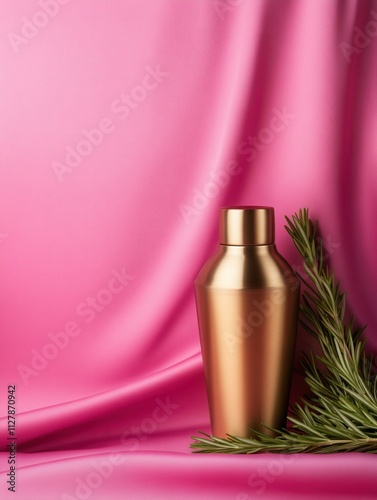 Elegant Gold Cocktail Shaker with Fresh Rosemary on Pink Background photo