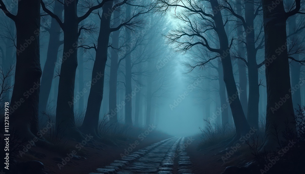 Obraz premium Mysterious dark forest path. Foggy, spooky atmosphere in dark woodland. Silhouettes of trees obscure pathway leading to mystery. Creepy, eerie woods background for mobile game. Horror theme