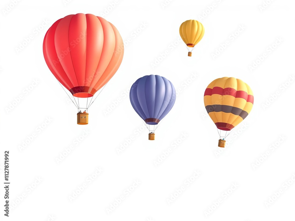 Fototapeta premium Colorful Flat graphic vector illustration of joyful characters flying with balloons in hands, depicting freedom, energy, and fun, white background, balloons