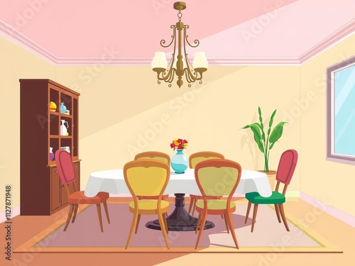 Colorful dinning room interior with dining table, chairs, chandelier and decor items, chairs, illustration photo