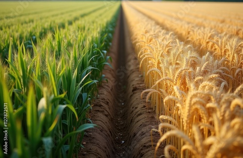 Wheat and corn fields separated by a furrow. Healthy crops stand in rows. Agriculture scene. Rural landscape. Natural light. Farming. Crop growth. Summer day. Agriculture concept.