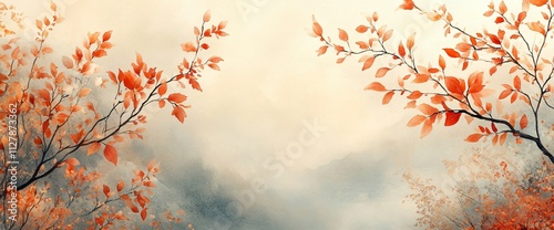 A serene autumn landscape featuring delicate foliage in warm tones, perfect for cozy invites, seasonal cards, or tranquil design themes for fall.