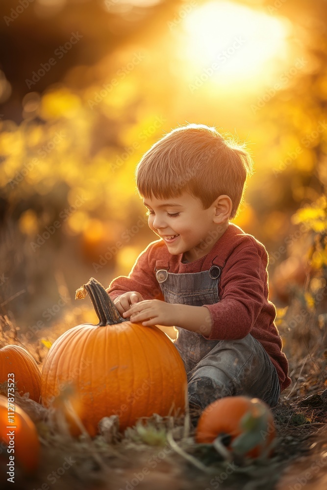 Small child playing in pumpkin field in farm in Fall Small child playing in pumpkin field in farm in Fall