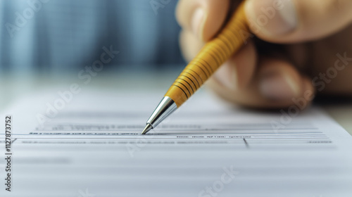 Filling out tax submission forms with pen, capturing focus and detail of process. hand is poised, ready to complete important paperwork