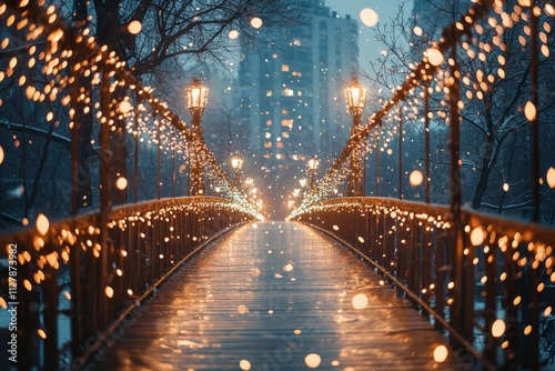 A city bridge with white fairy lights covering its entire length, the sparkling lights twinkle as the city buzzes below, Generative AI 