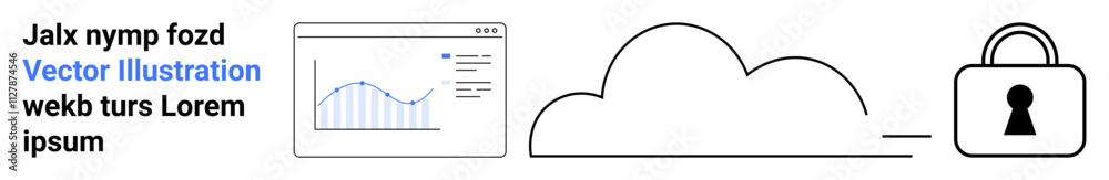 Line graph on screen, cloud icon, and a lock illustrating data analytics, cloud storage, and security. Ideal for data privacy, cloud computing, tech security, data analysis software protection