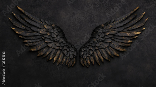 Ethereal black angel wings with golden accents against dark background, creating striking and mystical appearance. Perfect for artistic and conceptual themes