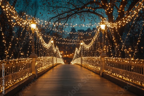 A historic city bridge decorated with elegant white lights, glowing under the night sky, the peaceful atmosphere, Generative AI