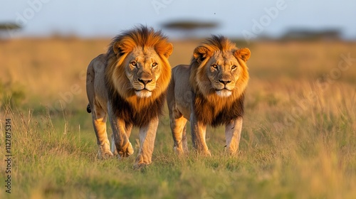 Two majestic male lions walking side by side in golden savanna light.