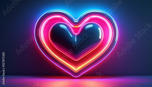 3D render of neon heart icon night or heart shape on black