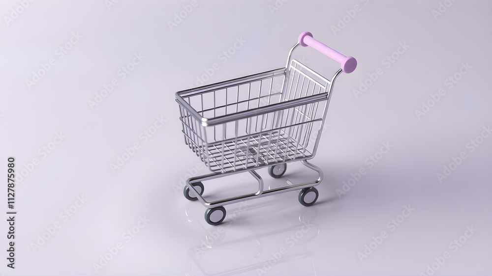 Abstract shopping cart icon resting on a glossy pastel lavender surface, with dynamic lighting highlighting intricate details, rendered in 8K Abstract shopping cart icon resting on a glossy pastel lavender surface, with dynamic lighting highlighting intricate details, rendered in 8K