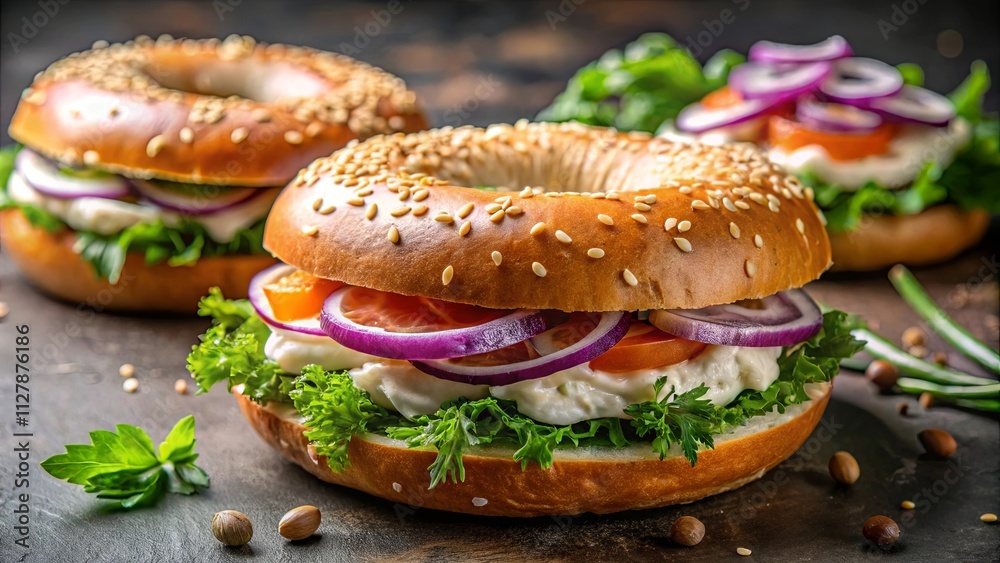 Close-up of appetizing bagels with creamy spread, fresh vegetables, and sesame seeds Close-up of appetizing bagels with creamy spread, fresh vegetables, and sesame seeds