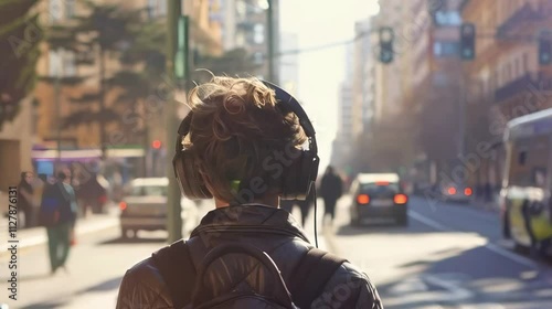 Rear view of young man wearing headphones walking in stairs at train station