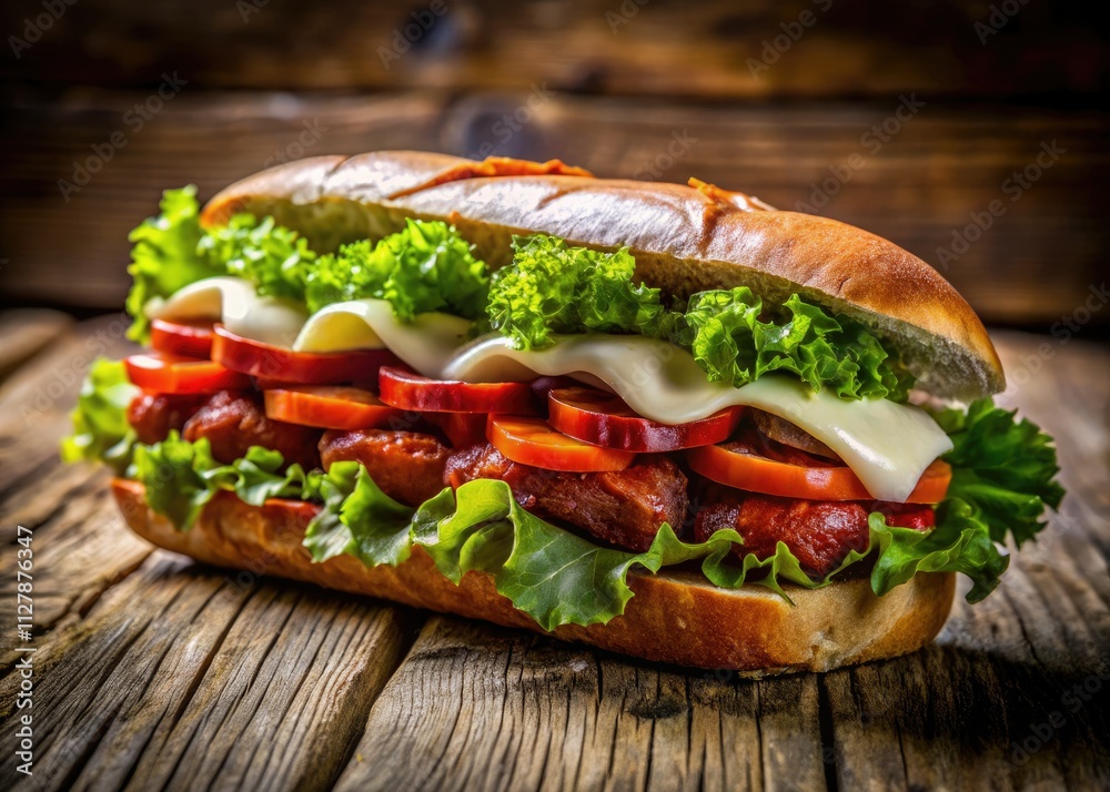 A rustic table sets the scene for a delicious chorizo sandwich: aioli, lettuce, tomato adding vibrant freshness. A rustic table sets the scene for a delicious chorizo sandwich: aioli, lettuce, tomato adding vibrant freshness.