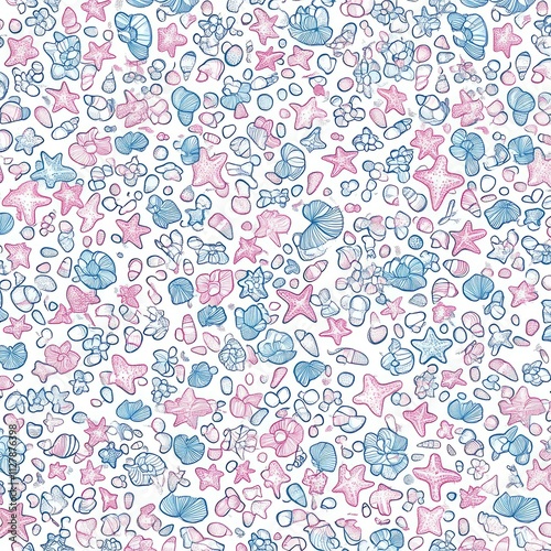 Pink and blue seashells and starfish seamless pattern. (1)