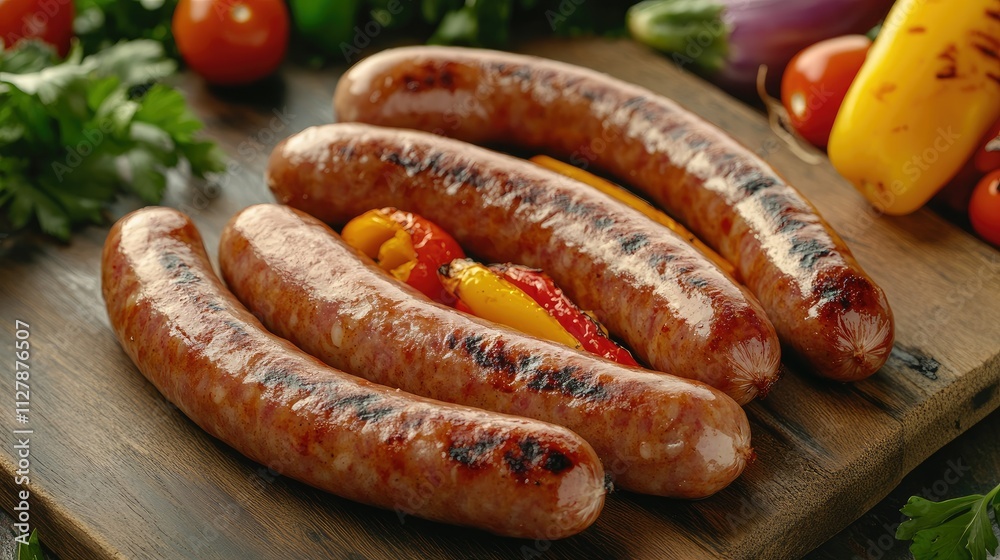 Grilled Sausages with Colorful Vegetables on Rustic Wooden Board Grilled Sausages with Colorful Vegetables on Rustic Wooden Board