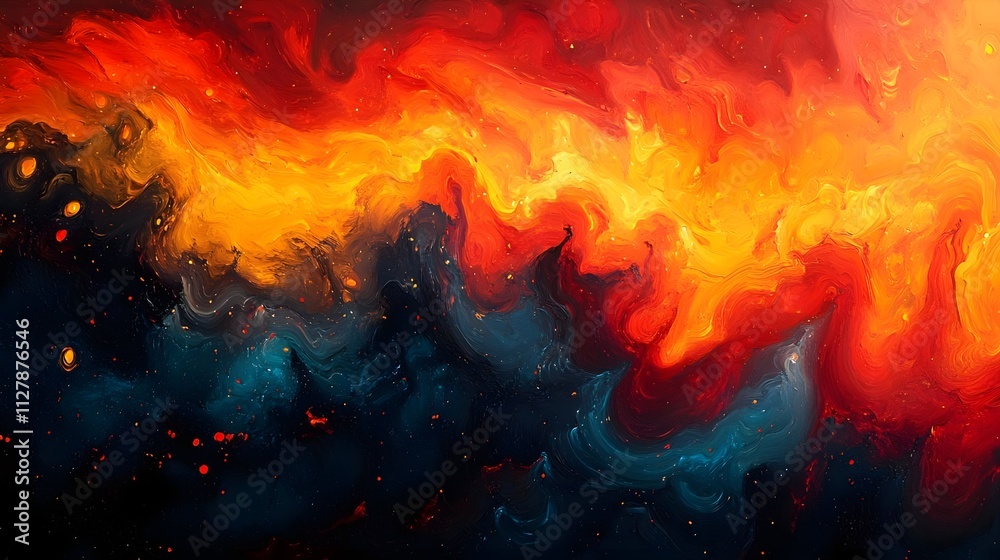 Fototapeta premium Fiery Abstract Canvas of Exploding Colors with Vivid Red, Orange, Yellow, and Dark Blue Swirls, Depicting Dynamic Energy and Artistic Fluidity in a Modern Abstract Art Style