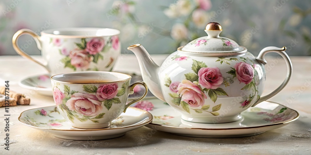 Elegant floral teapot and teacups set on a table Elegant floral teapot and teacups set on a table