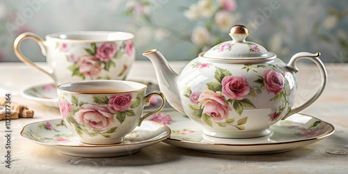 Elegant floral teapot and teacups set on a table