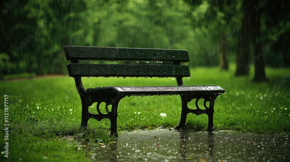 Tranquil Park Bench Under Heavy Rain in Lush Green Environment Tranquil Park Bench Under Heavy Rain in Lush Green Environment