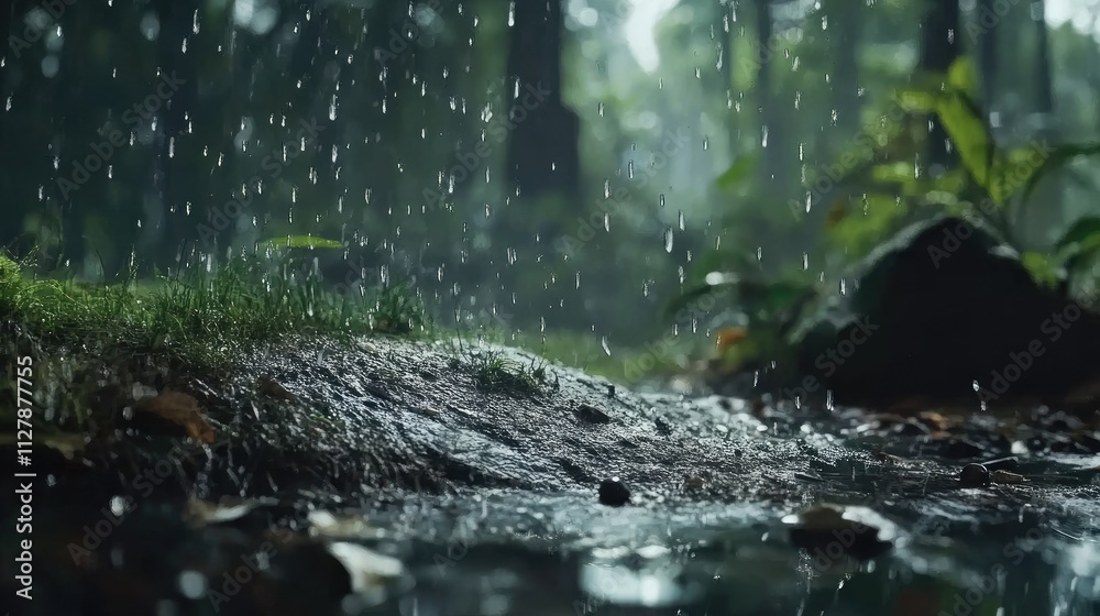 Tranquil Rainfall Over Mossy Stones in Lush Forest Environment Tranquil Rainfall Over Mossy Stones in Lush Forest Environment