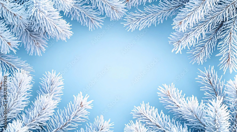 A tranquil winter-themed image featuring frosted evergreen branches against a soft blue background. Perfect for holiday cards, winter decor, and seasonal promotions. A tranquil winter-themed image featuring frosted evergreen branches against a soft blue background. Perfect for holiday cards, winter decor, and seasonal promotions.