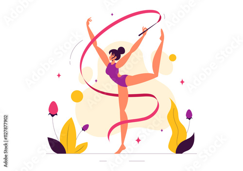 Rhythmic Rope Gymnastics Vector Illustration featuring a Female Rhythmic Gymnast Performing with a Rope in a Graceful Pose on a Flat Background