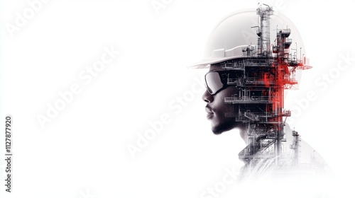 Double Exposure of Construction Worker in Modern Industrial Setting photo