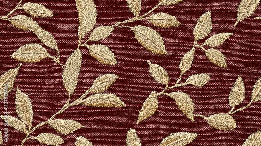 Red canvas material, pattern with leaves and plants, traditional Japanese kimono style, elegant, embroidery, curtain, bed Red canvas material, pattern with leaves and plants, traditional Japanese kimono style, elegant, embroidery, curtain, bed