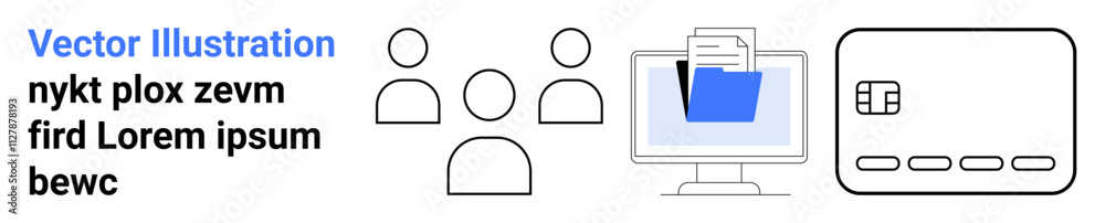 Three person icons, a computer monitor with a file folder, and a credit card. Ideal for teamwork, digital collaboration, file sharing, data management, online transactions, financial services modern Three person icons, a computer monitor with a file folder, and a credit card. Ideal for teamwork, digital collaboration, file sharing, data management, online transactions, financial services modern