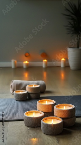 A serene yoga practice scene with a mat, candles, and essential oils in a peaceful, minimalist space, capturing the essence of mindfulness and wellness 32k, full ultra hd, high resolution -