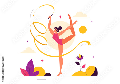 Rhythmic Rope Gymnastics Vector Illustration featuring a Female Rhythmic Gymnast Performing with a Rope in a Graceful Pose on a Flat Background