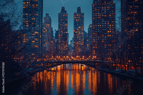 A tall city bridge with twinkling lights in the evening, surrounded by tall buildings, the lights create a beau, Generative AI 