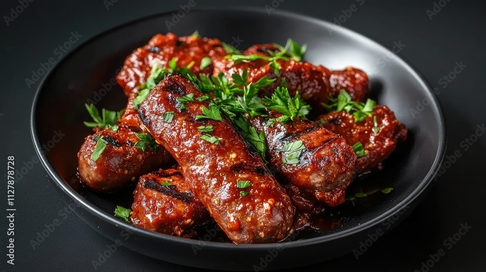 Juicy Grilled Sausages Coated in Spicy Barbecue Sauce and Herbs Juicy Grilled Sausages Coated in Spicy Barbecue Sauce and Herbs