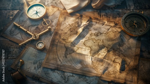 A set of ancient, detailed maps and navigation tools, including a compass and a sextant, laid out on a wooden desk illuminated by soft, natural light. 32k, full ultra hd, high resolution