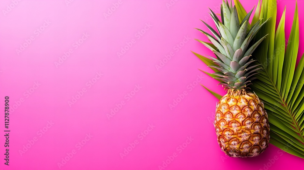 A vibrant pineapple adorned with tropical leaves against a bright pink background. A vibrant pineapple adorned with tropical leaves against a bright pink background.